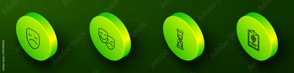 Set Isometric line Drama theatrical mask, Comedy and tragedy masks, Old hourglass and Psychology, Psi icon. Vector Set Isometric line Drama theatrical mask, Comedy and tragedy masks, Old hourglass and Psychology, Psi icon. Vector