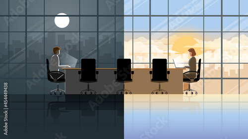 Long distance relation of men and women live in different time zone. Working in a day with sunlight and a night with a full moon. Keep in touch via chat by dating application by laptop in office room.