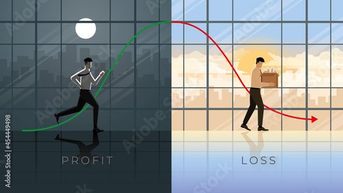 The life cycle of business has green up and red down graph, profit and loss. Like a running businessman at night and unemployed in the morning. People lose their jobs overnight by an economic crisis.