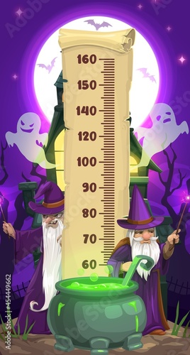 Halloween kids height chart with cartoon wizards and ghosts. Vector growth measure meter sticker with ruler scale on parchment scroll, scary magicians, bats and ghosts, haunted house, potion cauldron