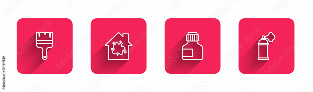 Set line Paint brush, Painting the house, Paint, gouache, jar, dye and spray can with long shadow. Red square button. Vector Set line Paint brush, Painting the house, Paint, gouache, jar, dye and spray can with long shadow. Red square button. Vector