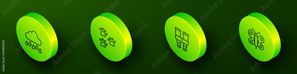 Set Isometric line Cloud with rain, Paw print, Binoculars and Butterfly icon. Vector Set Isometric line Cloud with rain, Paw print, Binoculars and Butterfly icon. Vector