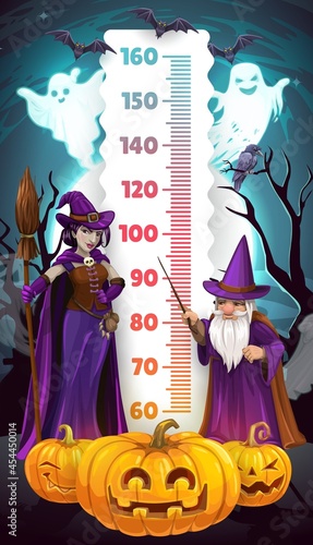 Halloween kids height chart, cartoon witch and wizard growth measure meter. Vector children stadiometer and ruler meter wall sticker template with horror magicians, scary pumpkins, ghosts and bats