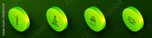 Set Isometric line Magic wand, Sword in the stone, hat and Fireball icon. Vector