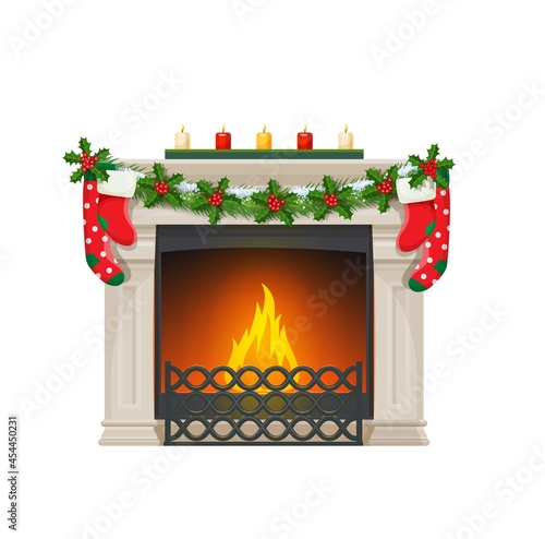 Christmas fireplace with socks. Vector traditional home fire place with burning fire, candles, xmas holly berry garland, forgery and grating. Indoors chimney, cartoon vintage fireside, heating system