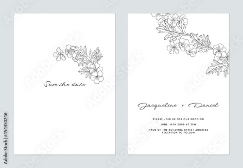Floral wedding invitation card template, line art flowers on white