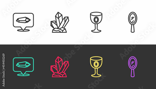 Set line Magic stone, Medieval goblet and hand mirror on black and white. Vector