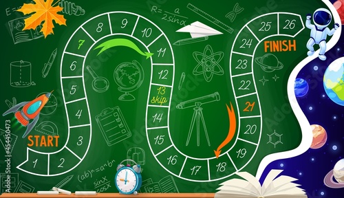 Kids board game with space planets, astronaut, rocket and school education items with autumn leaves. Vector step boardgame with block path, numbers, start, finish and cartoon or sketch student stuff