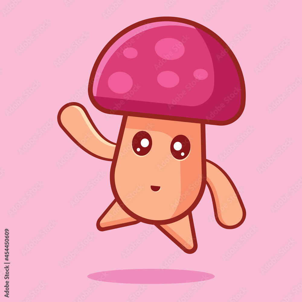 Cute mushroom mascot with jump gesture isolated cartoon vector illustration in flat style Cute mushroom mascot with jump gesture isolated cartoon vector illustration in flat style
