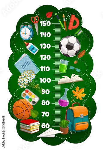 Kids height chart ruler, growth meter with schoolbag, book, sport balls and education stationery. Isolated vector wall sticker for children height measurement with cartoon learning stuff and scale