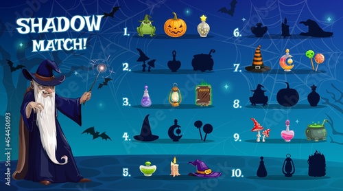 Child Halloween shadow match game with sorcery artifacts. Kids math exercise, children playing activity with matching task. Sorcerer cartoon character with magic wand, Halloween pumpkin and potions