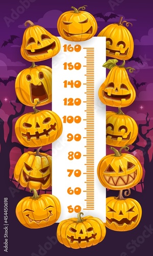 Halloween cartoon pumpkins kids height chart, growth measure vector design. Ruler scale of measuring meter or stadiometer with frame of horror holiday lanterns on background of spooky night cemetery