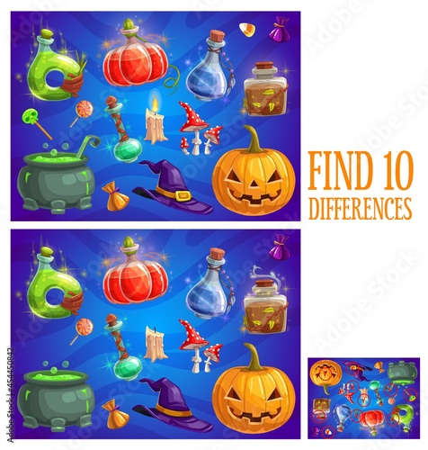 Kids find ten differences Halloween quiz game. Child playing activity or riddle worksheet, children educational game with details compare task. Halloween pumpkin, witch hat and cauldron, magic potions