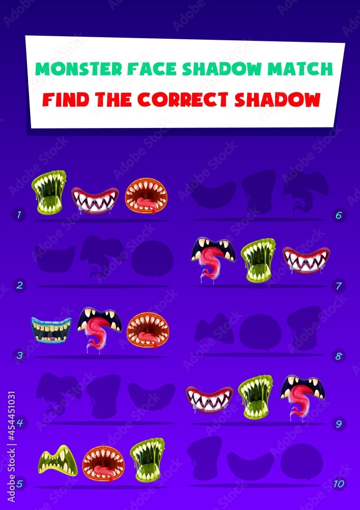 Monster face shadow match kids game with creepy mouths. Find correct shadow children logic activity. Preschool kindergarten education with halloween creepy roar toothy maws. Cartoon riddle worksheet