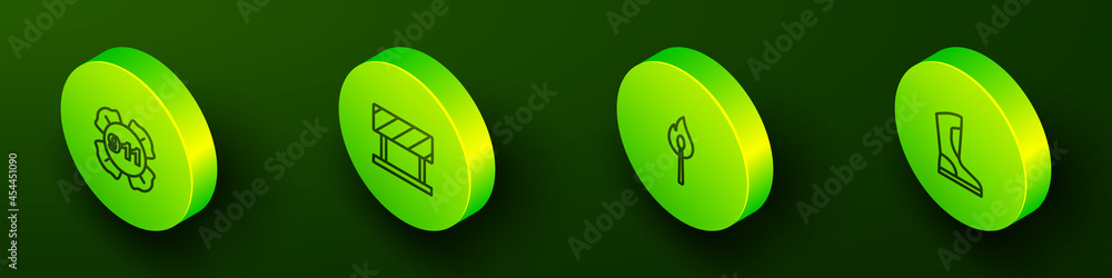 Set Isometric line Emergency call 911, Road barrier, Burning match with fire and Fire boots icon. Vector Set Isometric line Emergency call 911, Road barrier, Burning match with fire and Fire boots icon. Vector