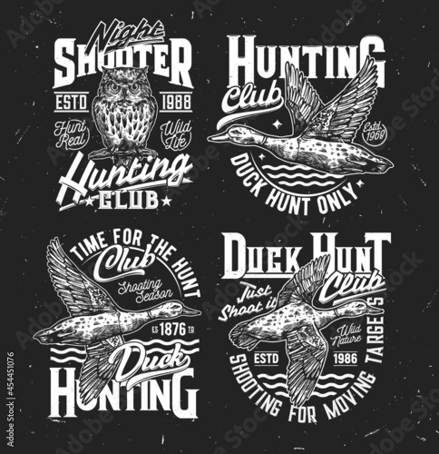Tshirt prints with sketch duck and owl, vector mascots for hunting society or hunter club. Flying mallard and grunge typography for apparel design. Wild birds hunt team, t shirt monochrome prints