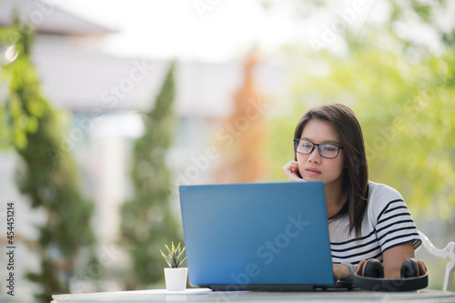 woman work at home, use laptop for work, stay at home 