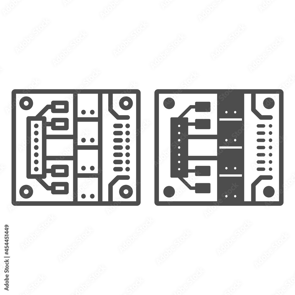 Printed circuit board with mounting slots line and solid icon, electronics concept, PCB vector sign on white background, outline style icon for mobile concept and web design. Vector graphics. Printed circuit board with mounting slots line and solid icon, electronics concept, PCB vector sign on white background, outline style icon for mobile concept and web design. Vector graphics.