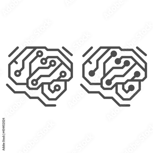 Fragment of analog circuit in the form of a brainline and solid icon, electronics concept, PCB vector sign on white background, outline style icon for mobile concept and web design. Vector graphics.