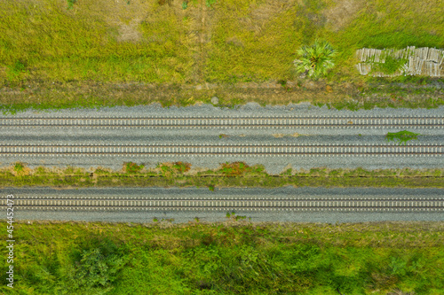 Aerial view from flying drone of railroad tracks 