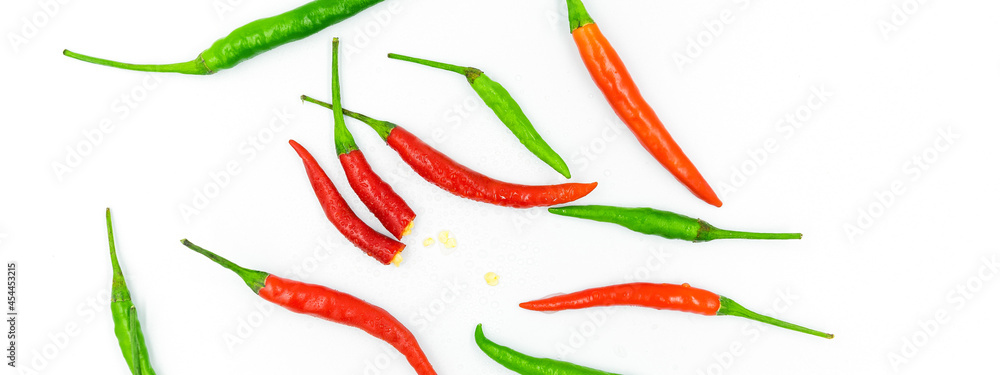 red and green chili on white background, pepper, paprika
