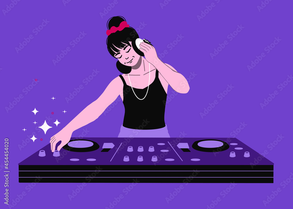 DJ with mixer live show.  female DJ mixing music club party.  Audio mixer song arrangement DJ with headphones making beats.