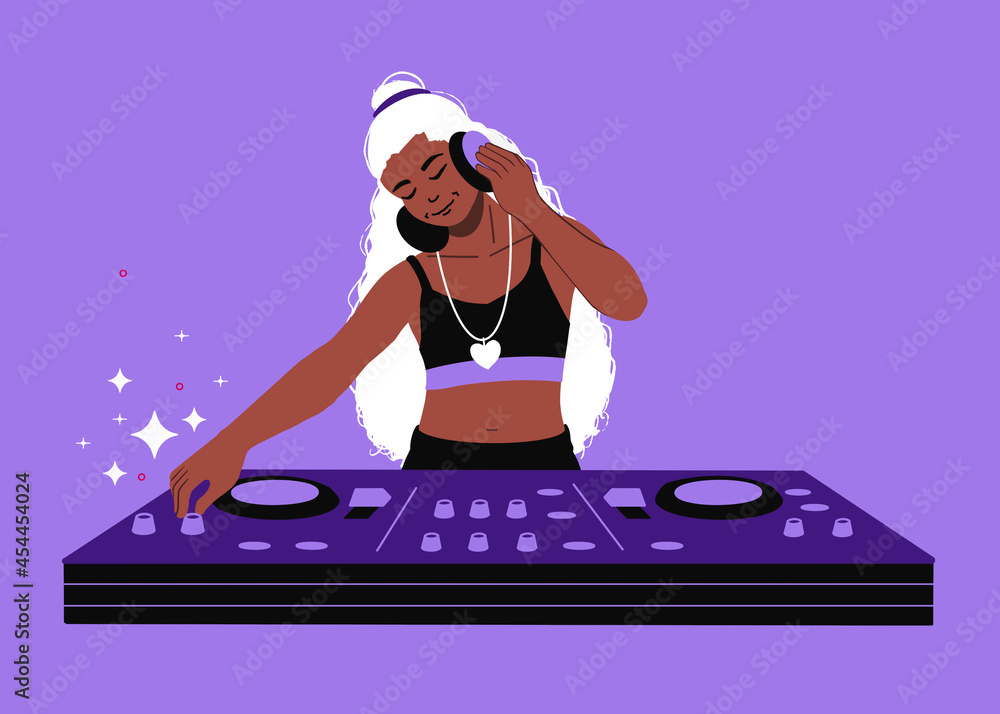 DJ with mixer live show. female DJ mixing music club party. Audio mixer song  arrangement DJ with headphones making beats. Stock Illustration | Adobe  Stock