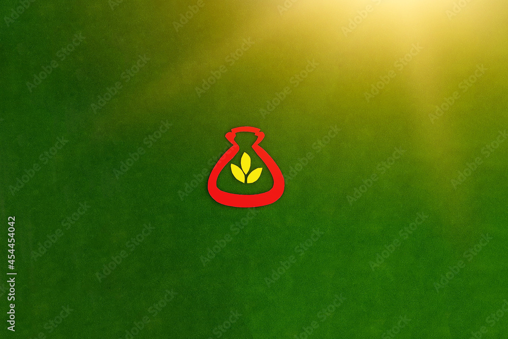 The bag is red, three yellow leaves, meaning gold on a green background. The concept of Financial savings. Investment of funds.