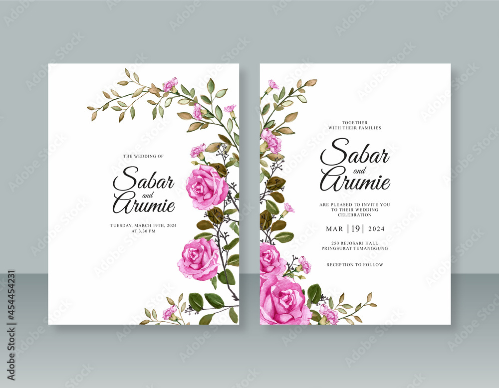 Elegant wedding invitation template with floral Watercolor painting