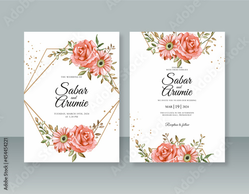 Beautiful wedding invitation template with geometric border and watercolor painting