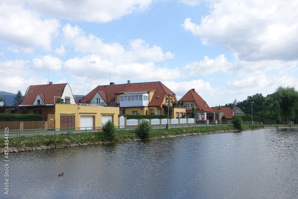 Lovely and coloful houses with river view during summer in Český Krumlov (Cesky Krumlov), a town in the South Bohemian, Czech Republic, a UNESCO World Heritage Site, Gothic, Renaissance and Baroq