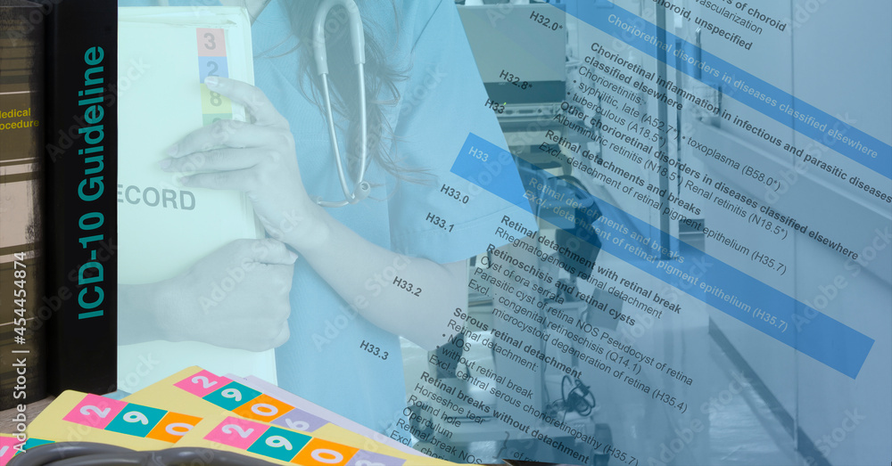 ICD10 codebook with text of code diseases and female doctor holding