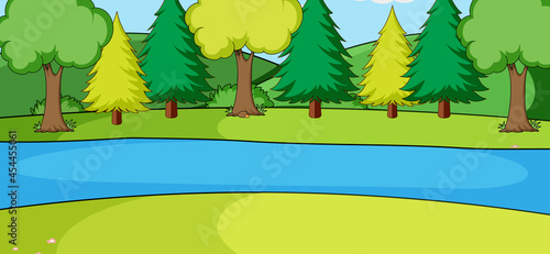 Empty park landscape scene with many trees and river