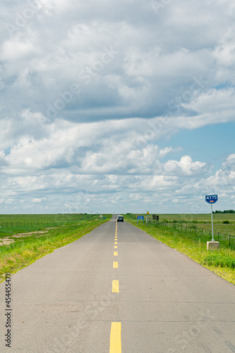 A road on green grassland during summer time.