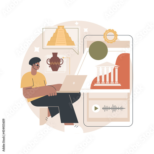 Online museum tours abstract concept vector illustration. Free virtual gallery tour, online exhibition, social distance, stay home, art therapy, leisure time, audio guide abstract metaphor.
