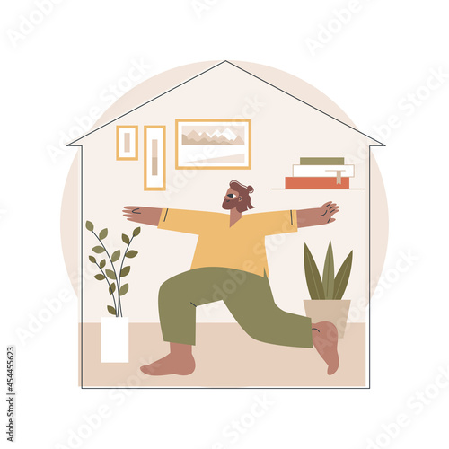 Home yoga abstract concept vector illustration. Home quarantine training, power yoga online class, relief stress, mindfulness, live streaming, stay home, social distance abstract metaphor.
