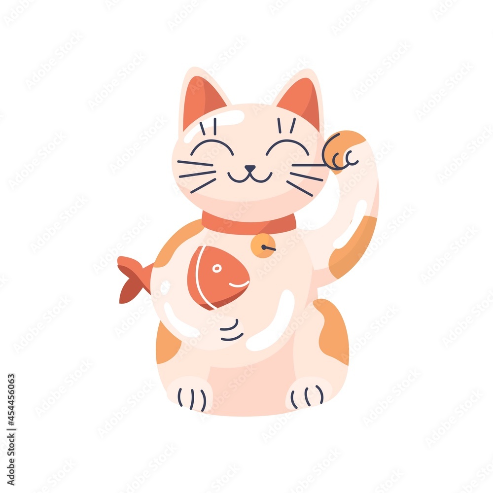 Japanese Lucky Cat Maneki Neko. Isolated on white background. Vector illustration. Traditional asian symbol of Fortuna  and success. Poster, print, card design. Flat, doodle style.