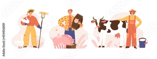 Set. A man in a hat with a pitchfork grazes geese. Farmer feeds pigs, woman with cow and bucket of milk. Isolated on white background. Vector illustration. Flat style. Farming, home pets, agriculture. © Larisa Vladimirova