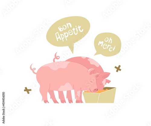 Pigs are eating food. Speech bubbles with quotes Bon Appetit and Oh mercy, means thanks. Isolated on white background. Vector illustration. Flat style. Farming, home pets, agriculture. Funny animals.
