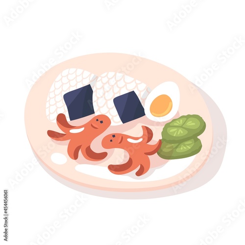 Asian breakfast with onigiri, egg, sausage octopus and cucumber on plate. Isolated on white background. Vector illustration. Clip art for Food blogging, Restaurant interior and menu design.