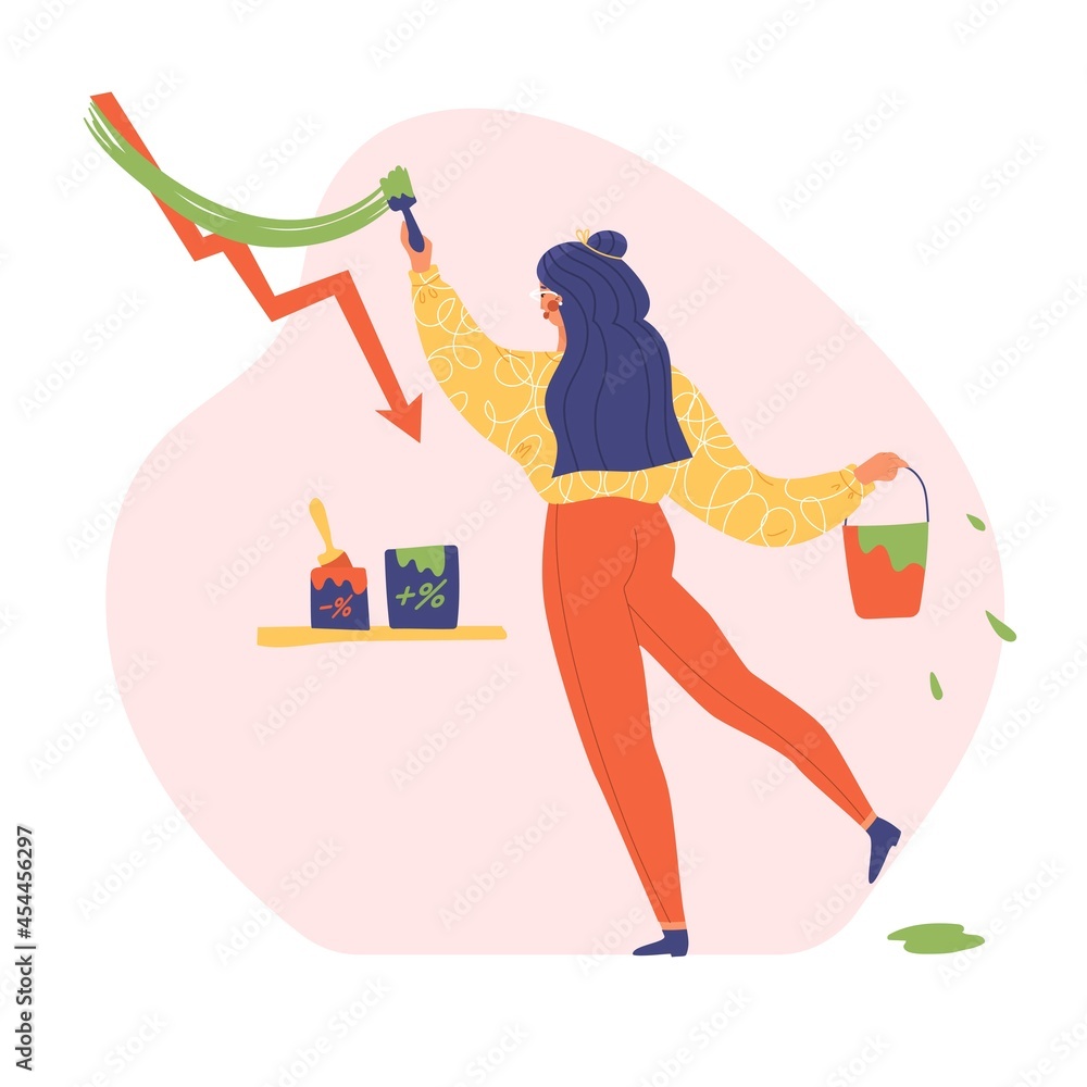 Woman investor draws a growth graph with a green paint brush. Investments, trading, market quotes, currency, exchange, drop in quotations, schedule, scale. Vector illustration. Financial blogging. Woman investor draws a growth graph with a green paint brush. Investments, trading, market quotes, currency, exchange, drop in quotations, schedule, scale. Vector illustration. Financial blogging.