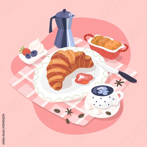 French breakfast with croissant and coffee. Isolated on pink background. Vector illustration. Food, cooking, good morning, Cookies, berries, jam, coffee pot, coffee beans, social media design.