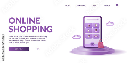 cylinder stage podium display 3d cute mobile smart phone with shop app ecommerce. Online shopping illustration concept with 3d icon.