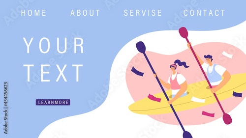 Sport Website template. Space for text. A team of two paddles in a canoe. Vector illustration. Sport competitions, news, social media design. Rowing, water sport, tandem, swimming, rafting.