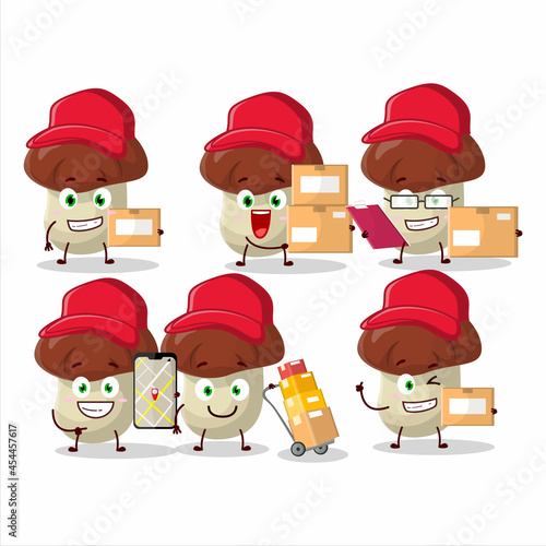 Cartoon character design of bolete working as a courier