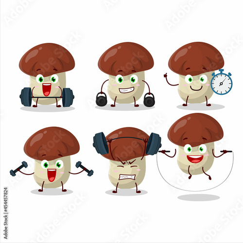 A healthy bolete cartoon style trying some tools on Fitness center