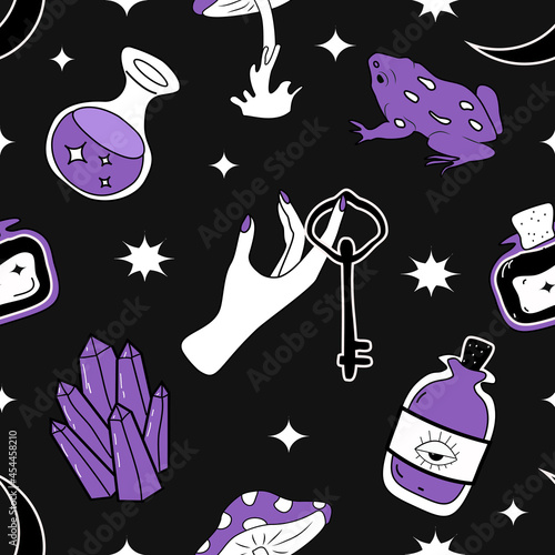 vector seamless pattern on the theme of magic, mysticism, witchcraft, halloween, esoteric. flat style pattern with magic items (potions, mushrooms, crystals) for printing on fabric