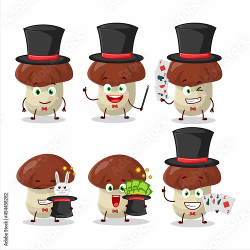 A bolete Magician cartoon character perform on a stage