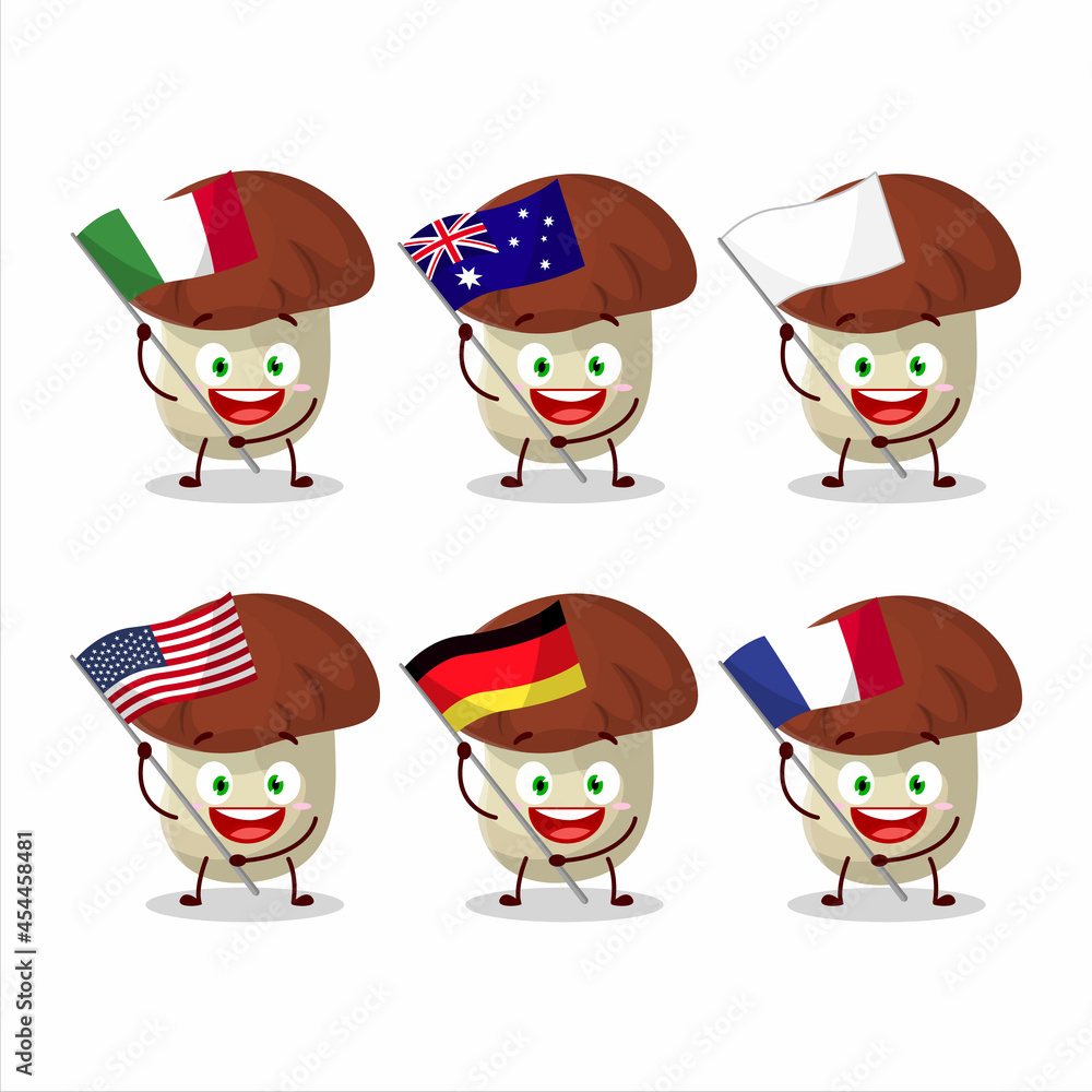 Bolete cartoon character bring the flags of various countries Bolete cartoon character bring the flags of various countries