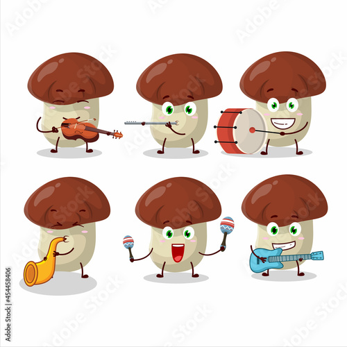 Cartoon character of bolete playing some musical instruments